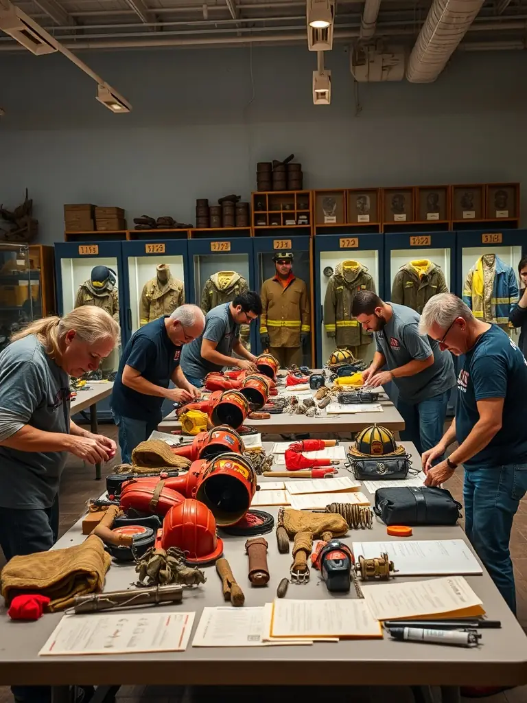 A group of volunteers cleaning and cataloging historical firefighting equipment in a museum setting. The image shows various tools, uniforms, and documents.