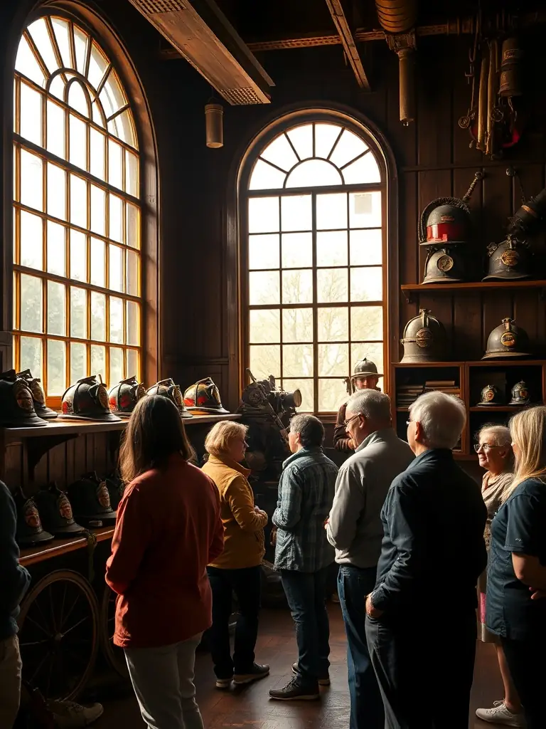 A photograph capturing a guided tour of a historical fire station, with visitors examining artifacts and learning about the station's role in the community's history.