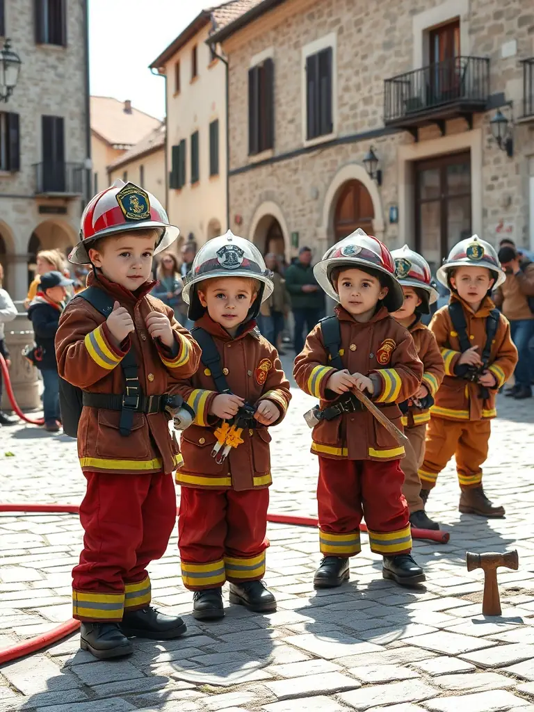 A photograph depicting a group of children participating in a historical firefighting demonstration, showcasing vintage equipment and uniforms, set against the backdrop of a traditional French village square.