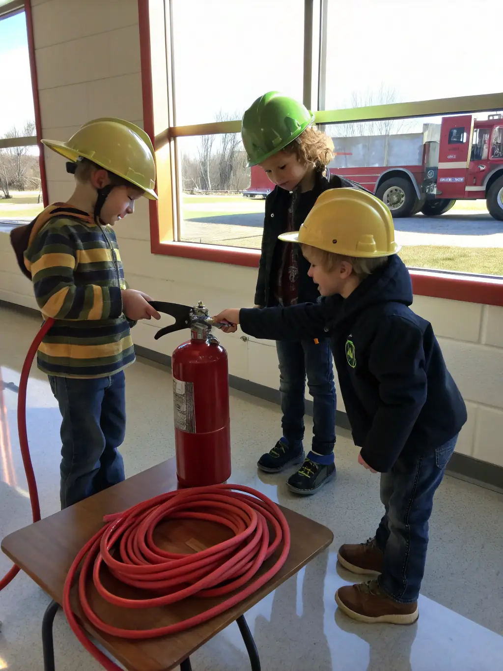 A photograph of a group of children participating in a fire safety workshop organized by the ASSOCIATION CORREZIENNE HISTOIRE ET PATRIMOINE DU SAPEUR-POMPIER, showcasing the educational aspect of their programs.