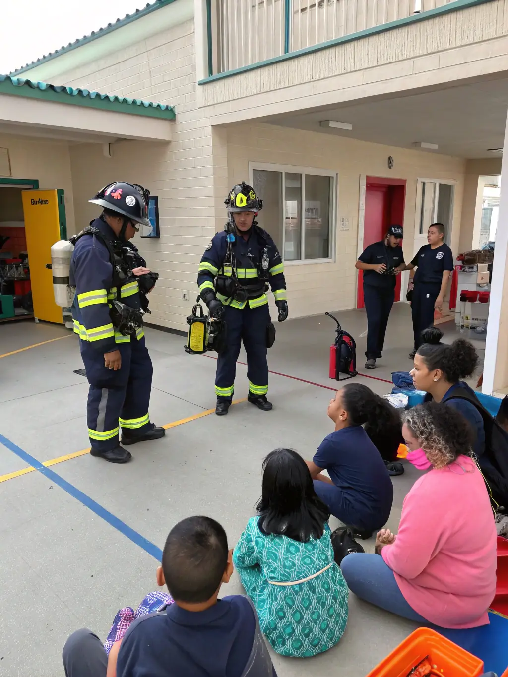 An image of a community event where firefighters are demonstrating firefighting techniques, promoting community engagement and awareness.