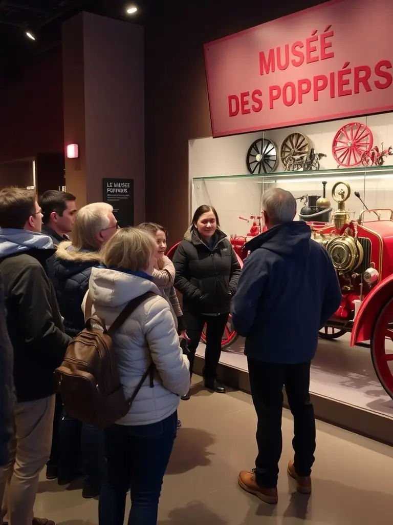 A photo of a guided tour of a historical fire station, highlighting the association's efforts to educate the public about firefighting history.