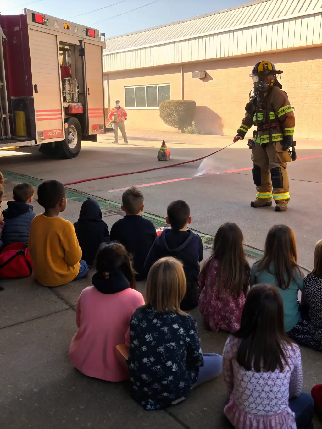 A classroom setting where a firefighter is giving a presentation to children about fire safety and the history of firefighting. The children are engaged and asking questions.