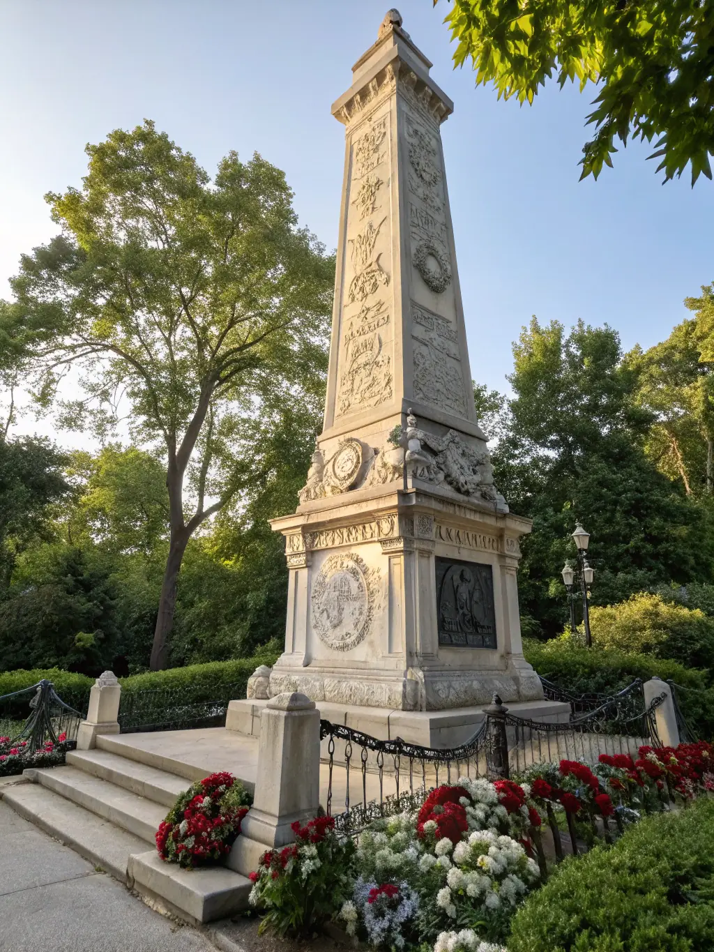 A photograph of a memorial dedicated to fallen firefighters, with wreaths and flowers laid in remembrance. The image evokes a sense of respect and gratitude.